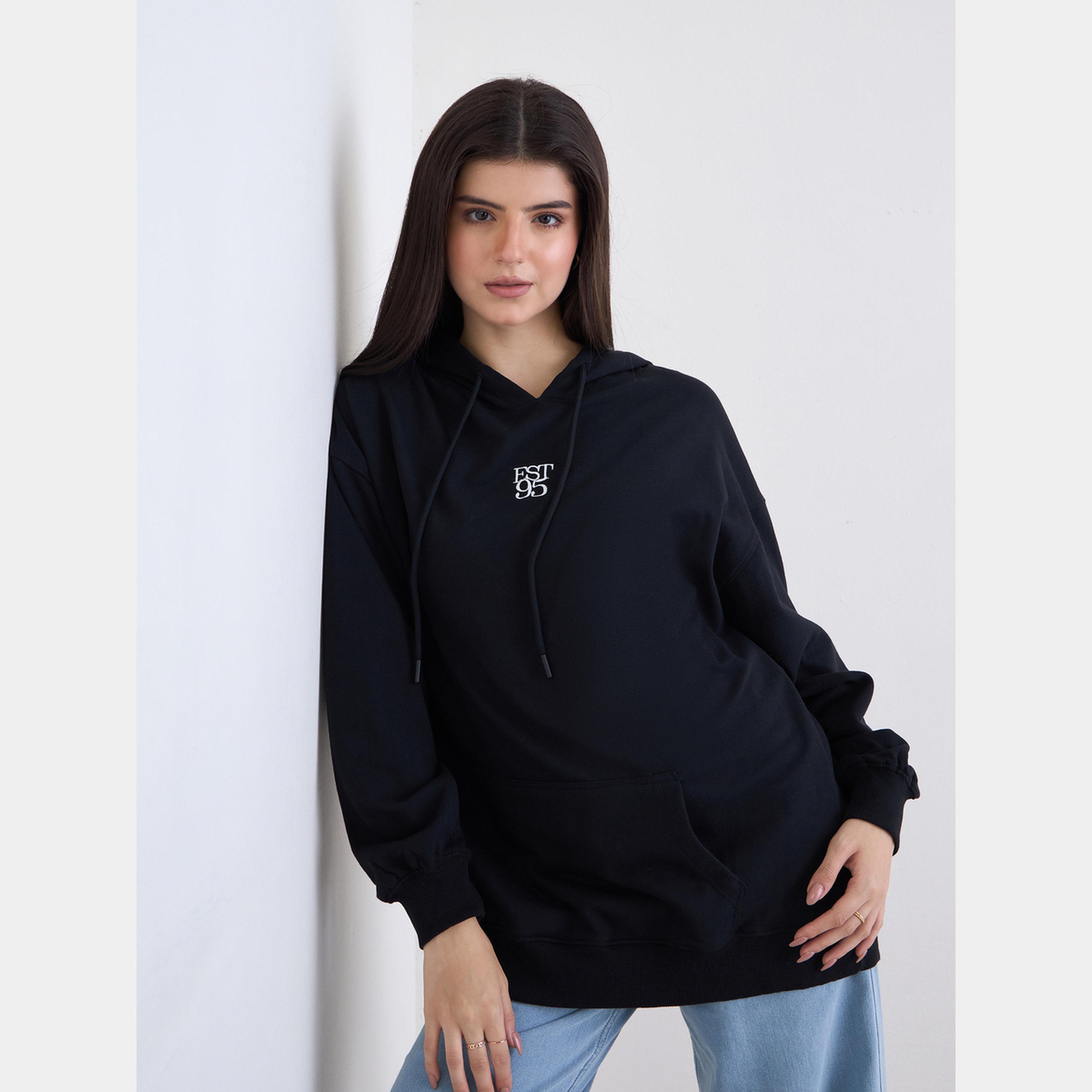 Styli Black Embroidered Oversized Hoodie-women-clothing-hoodiesandsweatshirts-hoodies-image-3