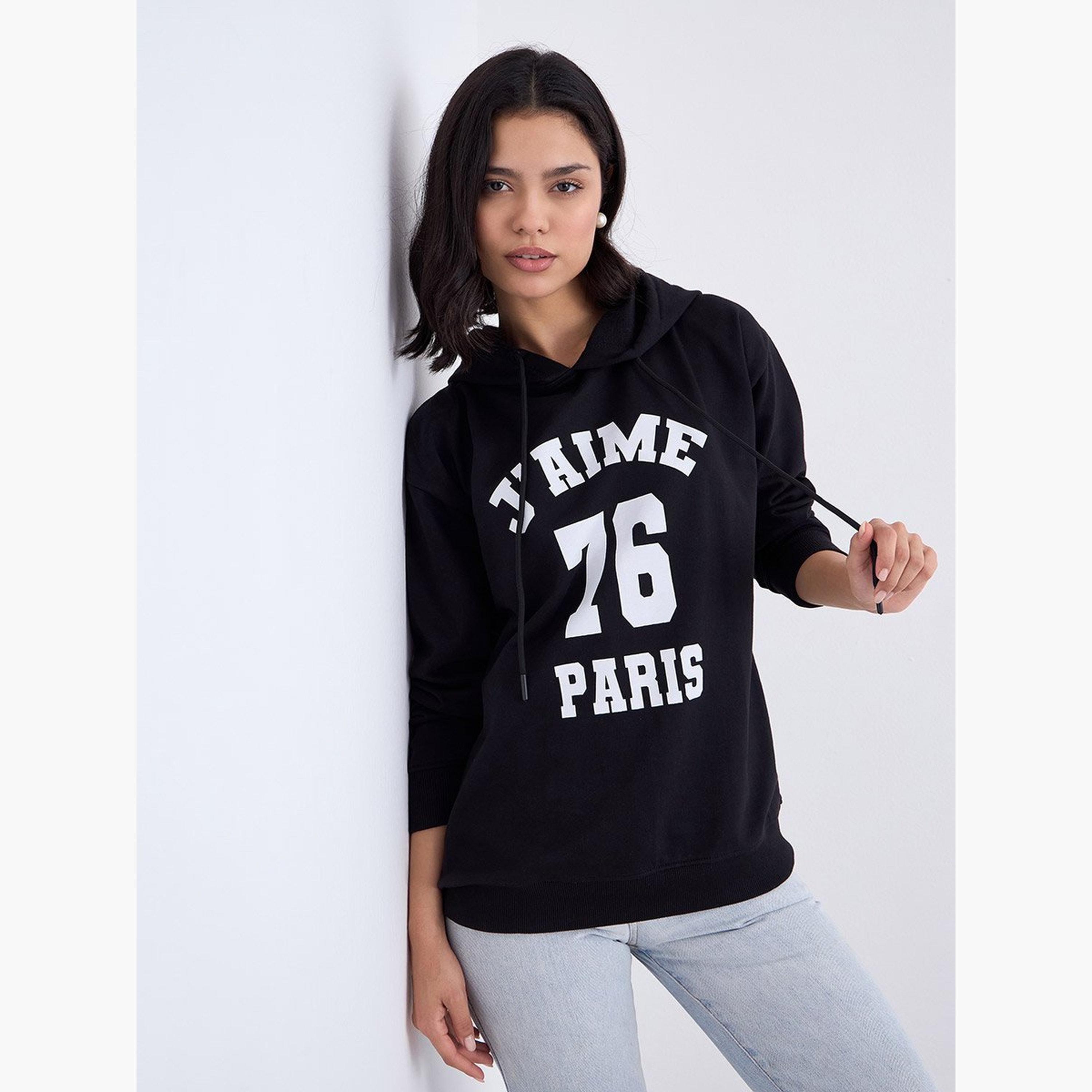 ستايلي - هودي بطبعة جرافيكية طويلة لون أسود-women-clothing-hoodiesandsweatshirts-hoodies-image-1