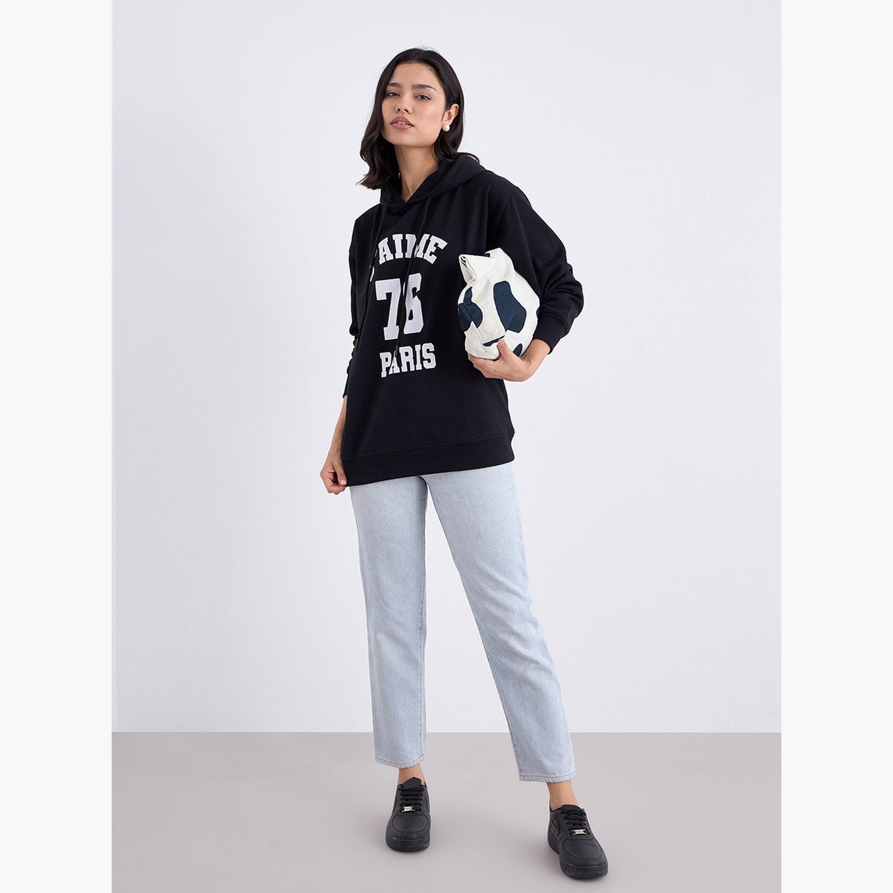 ستايلي - هودي بطبعة جرافيكية طويلة لون أسود-women-clothing-hoodiesandsweatshirts-hoodies-image-2
