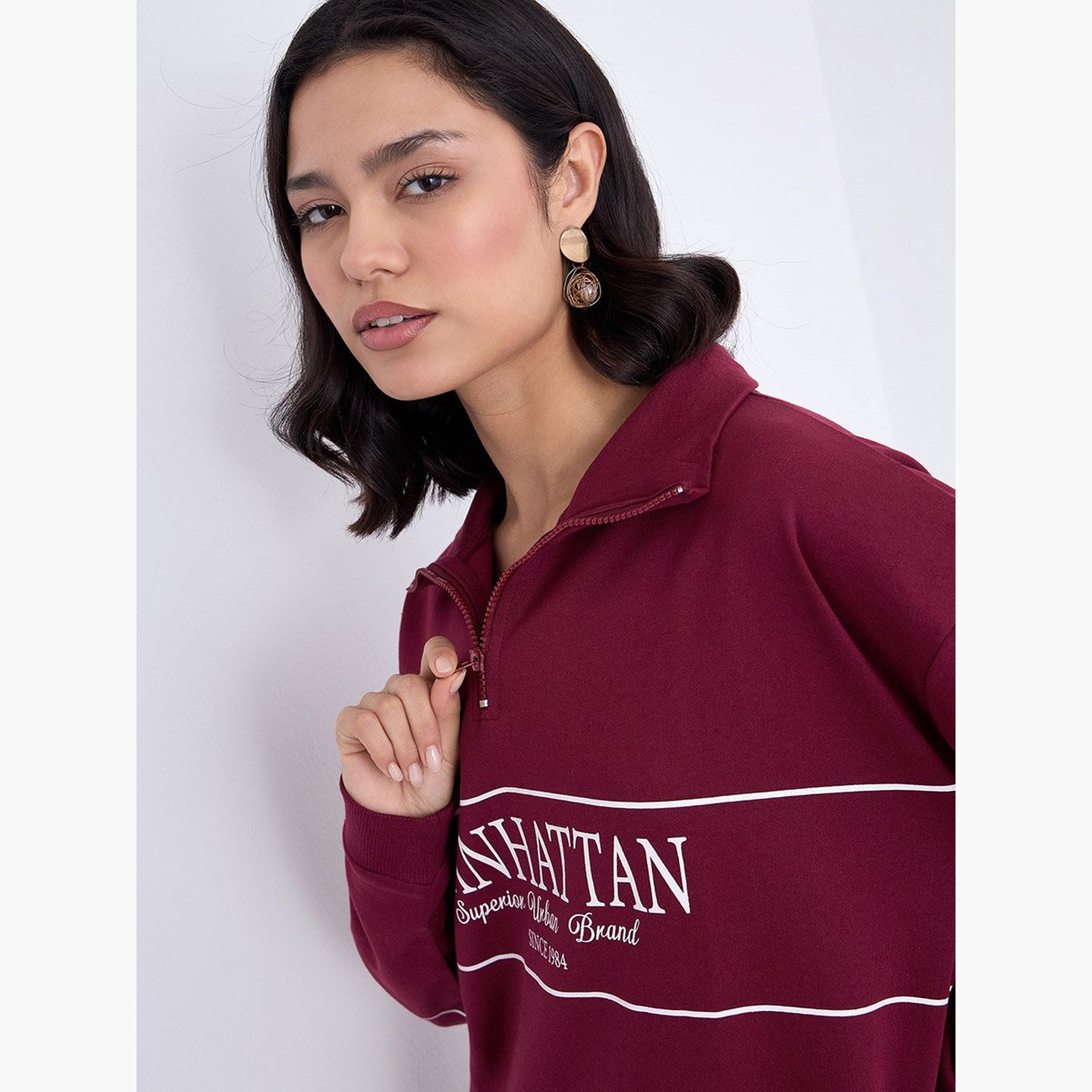 ستايلي - سويت شيرت للنساء طويل لون عنابي-women-clothing-hoodiesandsweatshirts-sweatshirts-image-4
