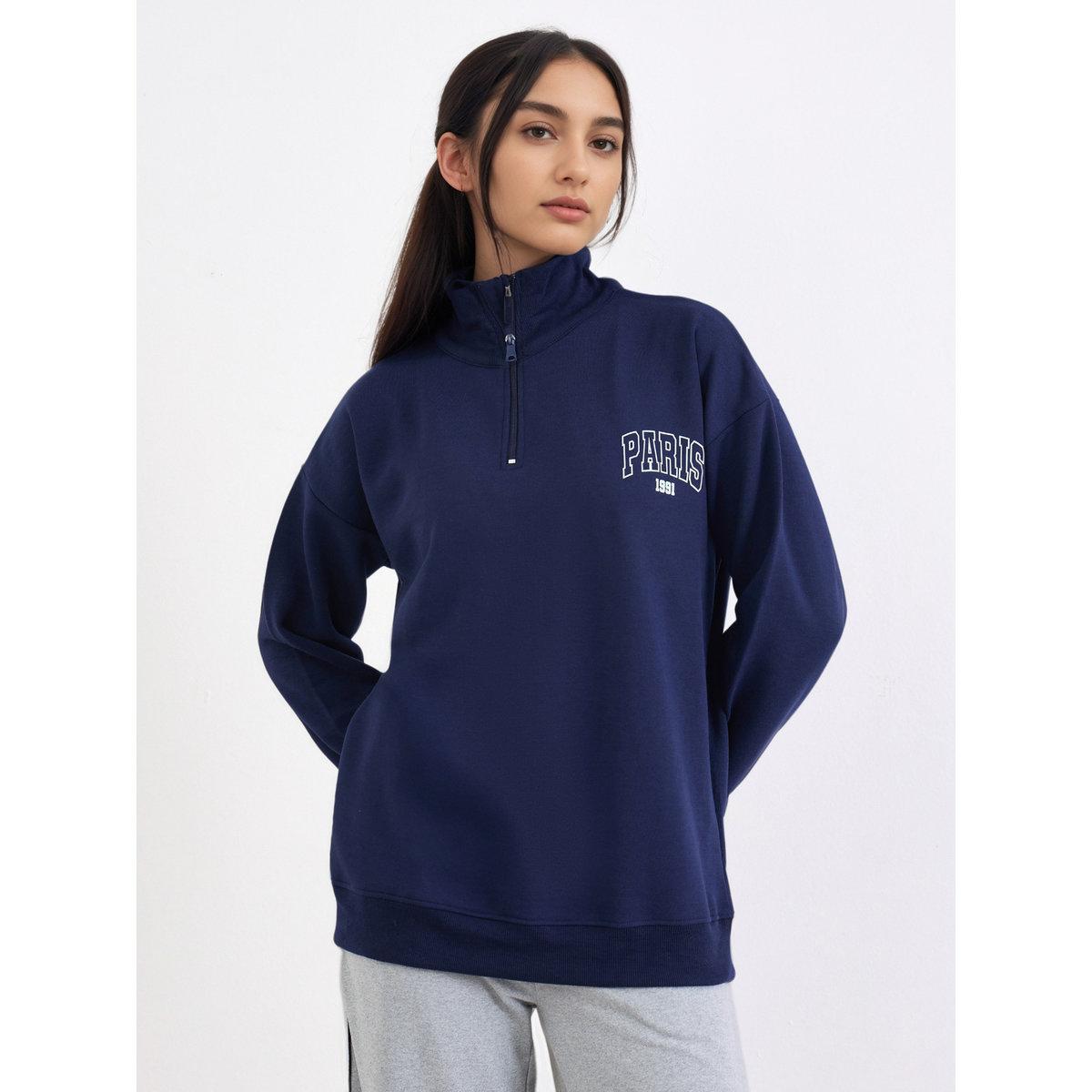 Styli Navy Blue Paris Print Longline Sweatshirt-women-winterwear-hoodiesandsweatshirts-hoodies-image-1