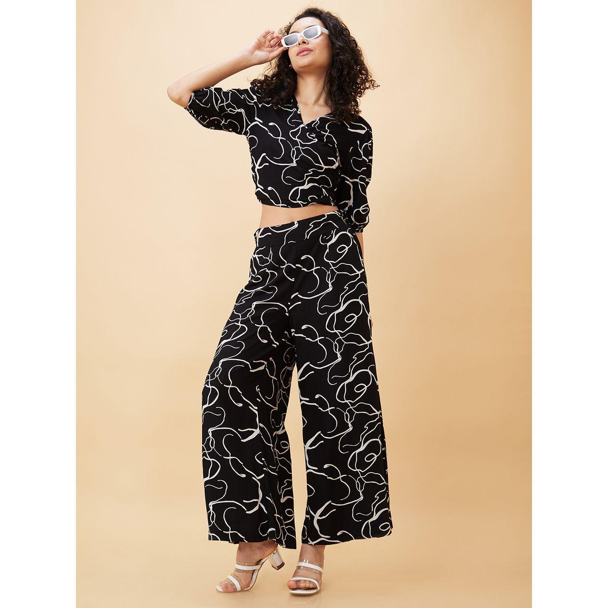 Globus X Styli Abstract Print Tie Back Crop Top and Flared Palazzos Co-Ords-women-clothing-coordsets-image-1