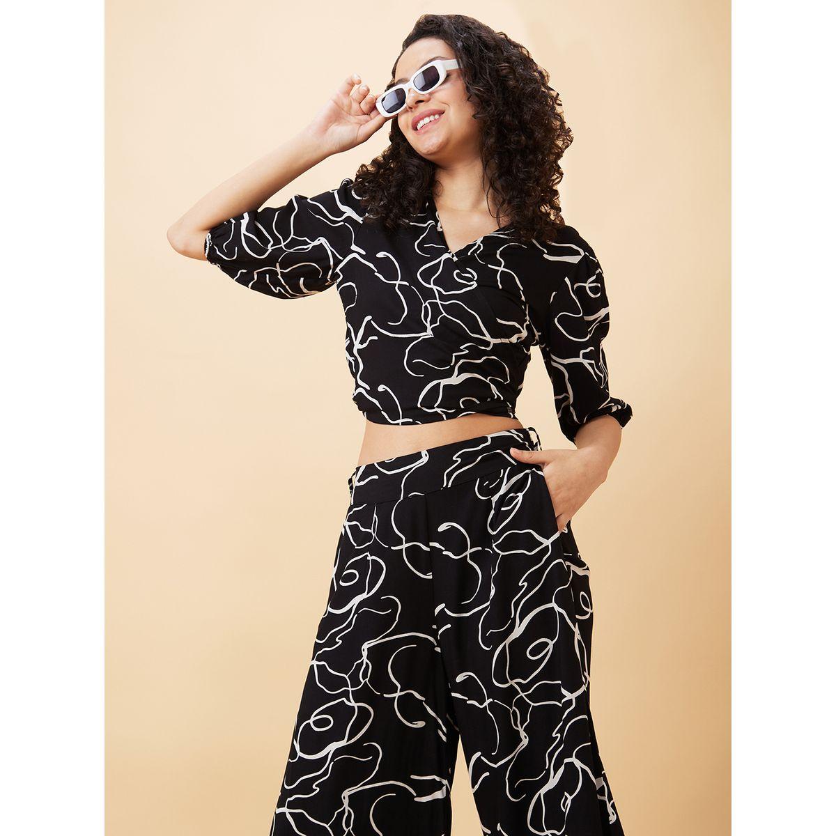Globus X Styli Abstract Print Tie Back Crop Top and Flared Palazzos Co-Ords-women-clothing-coordsets-image-6