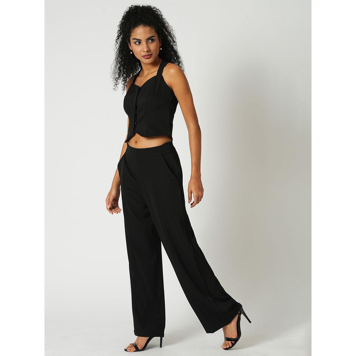 Globus X Styli Women Black Cross Strap Back Crop Top and Trousers Co-Ords-women-clothing-coordsets-image-2