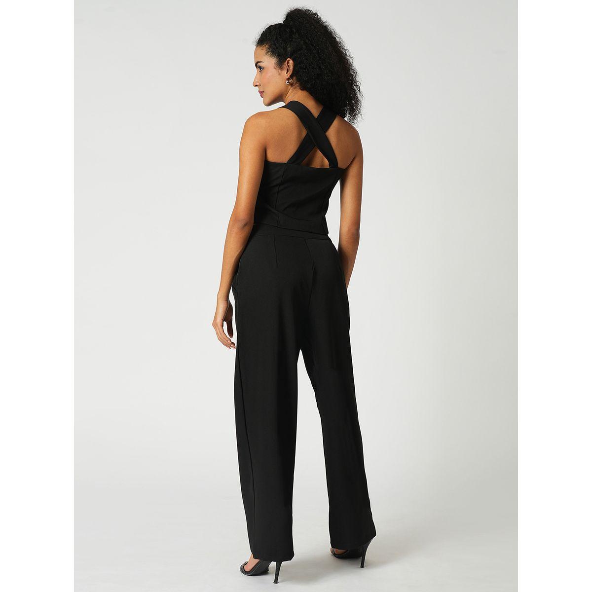 Globus X Styli Women Black Cross Strap Back Crop Top and Trousers Co-Ords-women-clothing-coordsets-image-3