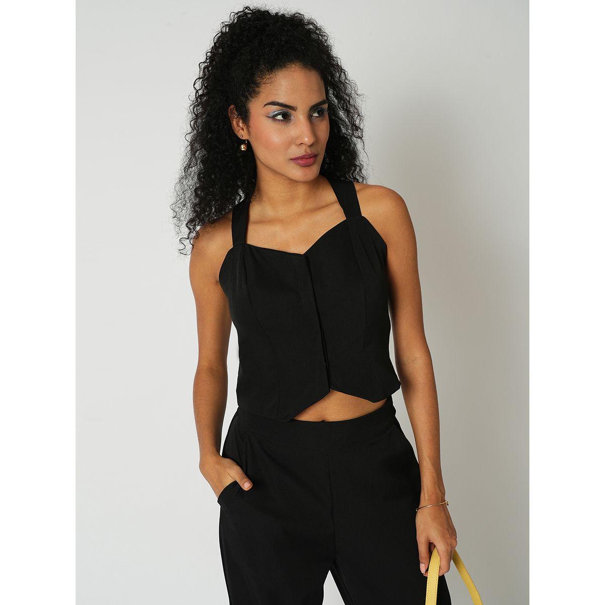 Globus X Styli Women Black Cross Strap Back Crop Top and Trousers Co-Ords-women-clothing-coordsets-image-6