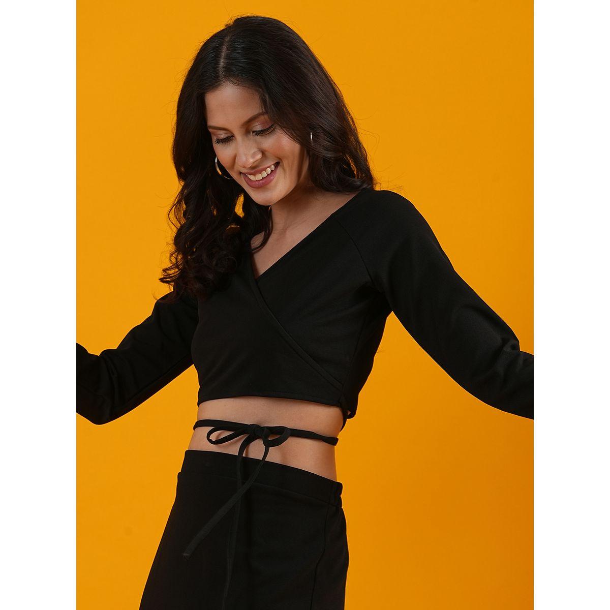 Globus X Styli Women Black Tie-Up Wrap Crop Top and Skirt Co-Ords-women-clothing-coordsets-image-6