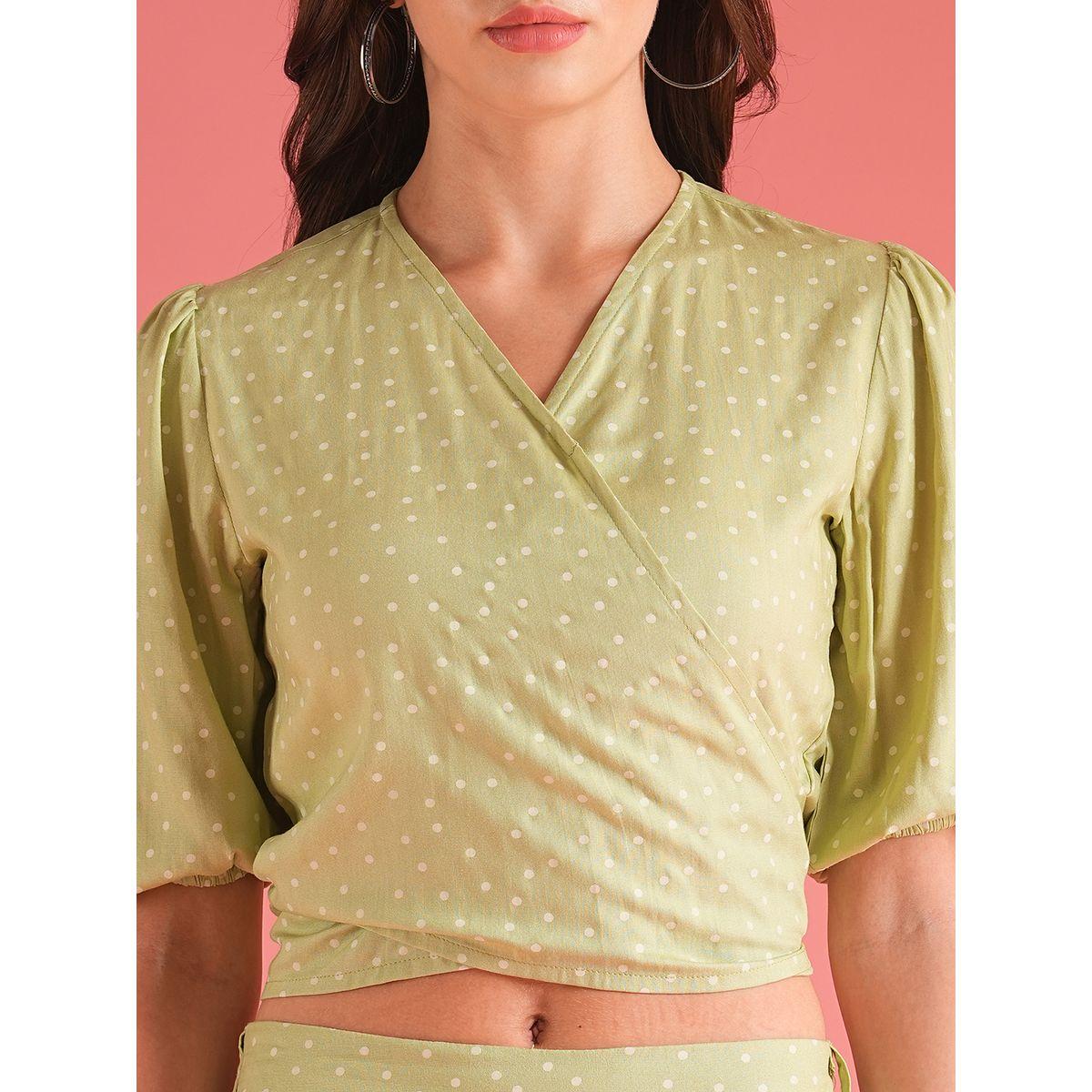 طقم منسق من بنطال بالازو وبلوزة بنمط لف وطبعة نقاط بولكا-women-clothing-coordsets-image-4