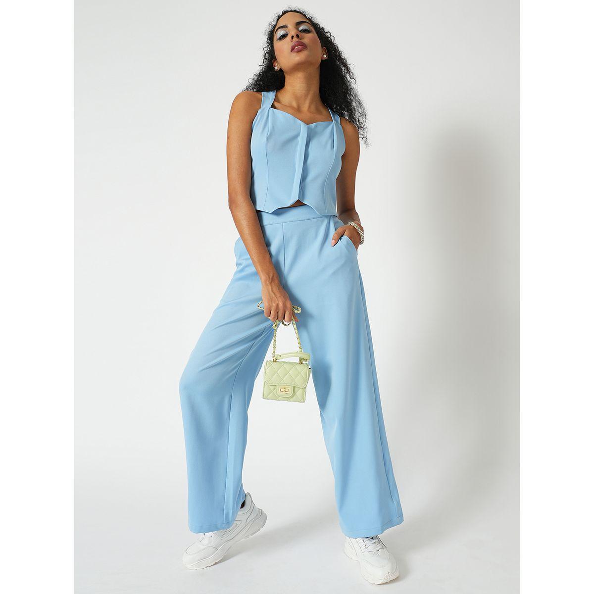 طقم منسق من بنطال وبلوزة قصيرة بتفاصيل كروس-women-clothing-coordsets-image-1