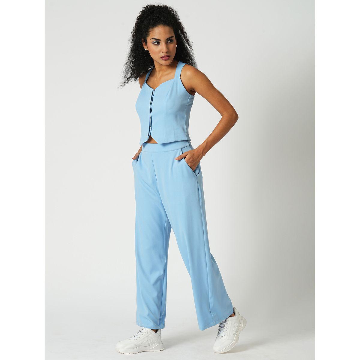 Globus X Styli Women Blue Cross Strap Back Crop Top and Trousers Co-Ords-women-clothing-coordsets-image-2