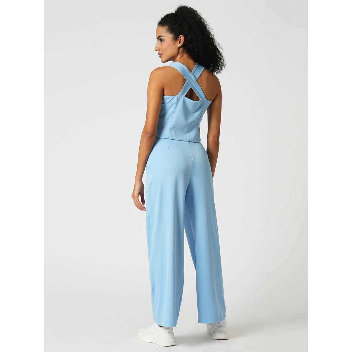 Globus X Styli Women Blue Cross Strap Back Crop Top and Trousers Co-Ords-women-clothing-coordsets-image-3
