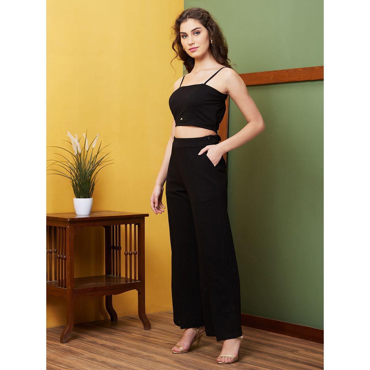 Globus X Styli Women Black Textured Strappy Crop Top and Pants Co-Ords-women-clothing-coordsets-image-2