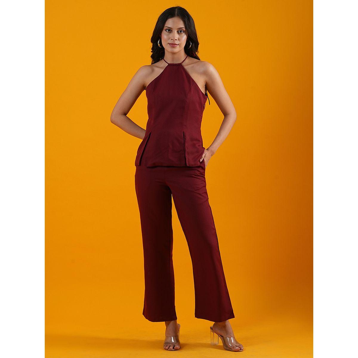 Globus X Styli Halter Neck Front Slits Crepe Top with Trousers Co-Ords-women-clothing-coordsets-image-1
