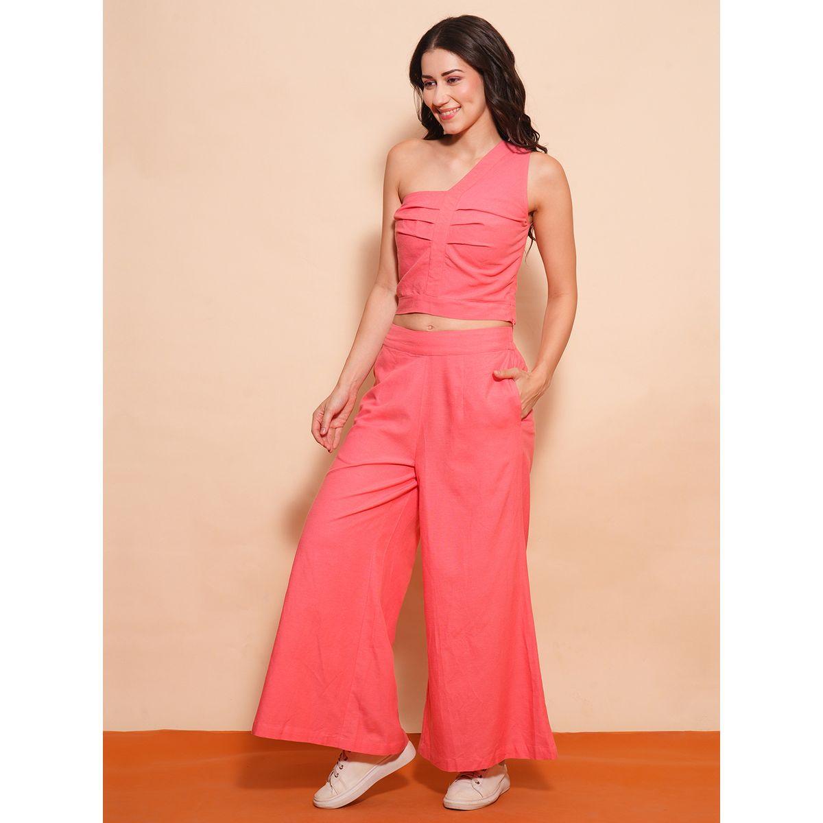 طقم منسق من بنطال بالازو وبلوزة قصرة بتفاصيل كتف واحد-women-clothing-coordsets-image-2