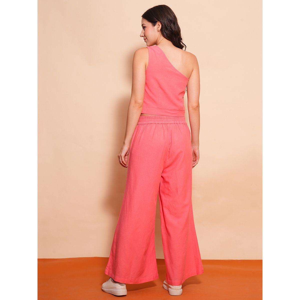 طقم منسق من بنطال بالازو وبلوزة قصرة بتفاصيل كتف واحد-women-clothing-coordsets-image-3