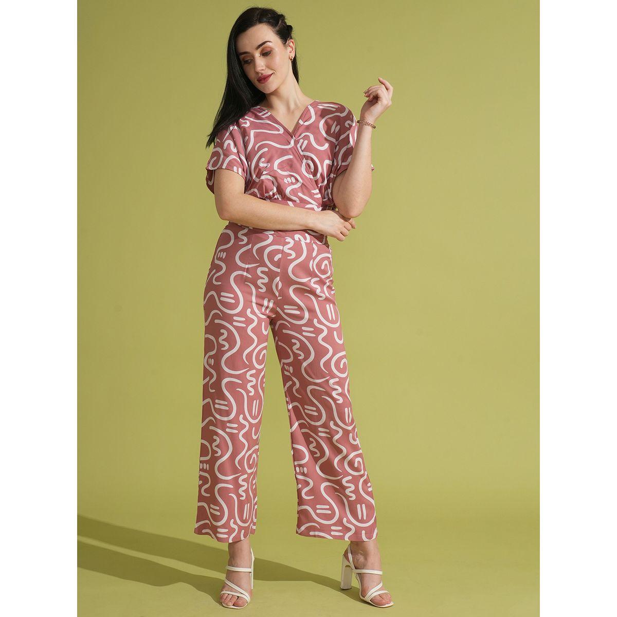 طقم منسق من بنطال وبلوزة قصيرة مطبعة بنمط لف-women-clothing-coordsets-image-1