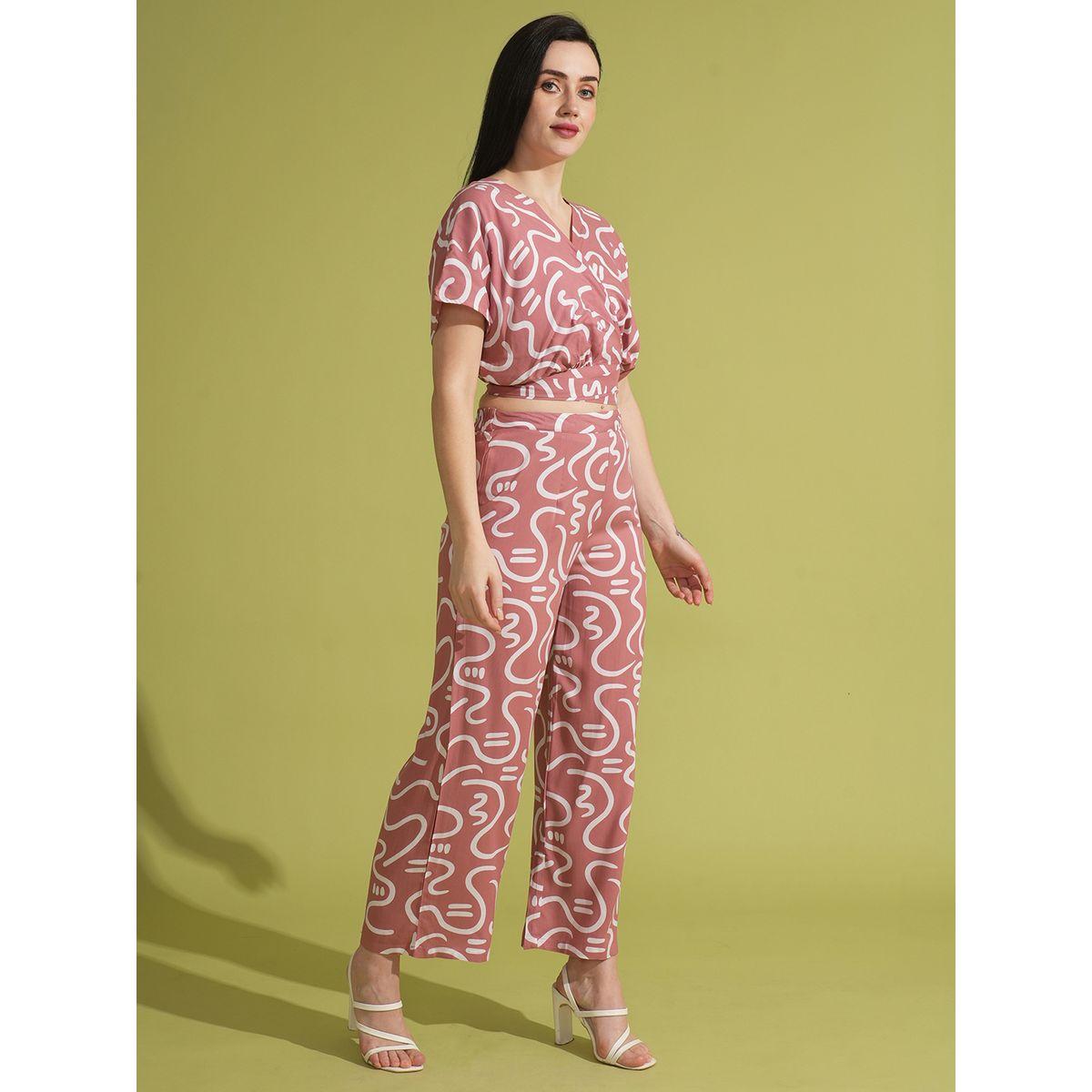 طقم منسق من بنطال وبلوزة قصيرة مطبعة بنمط لف-women-clothing-coordsets-image-2