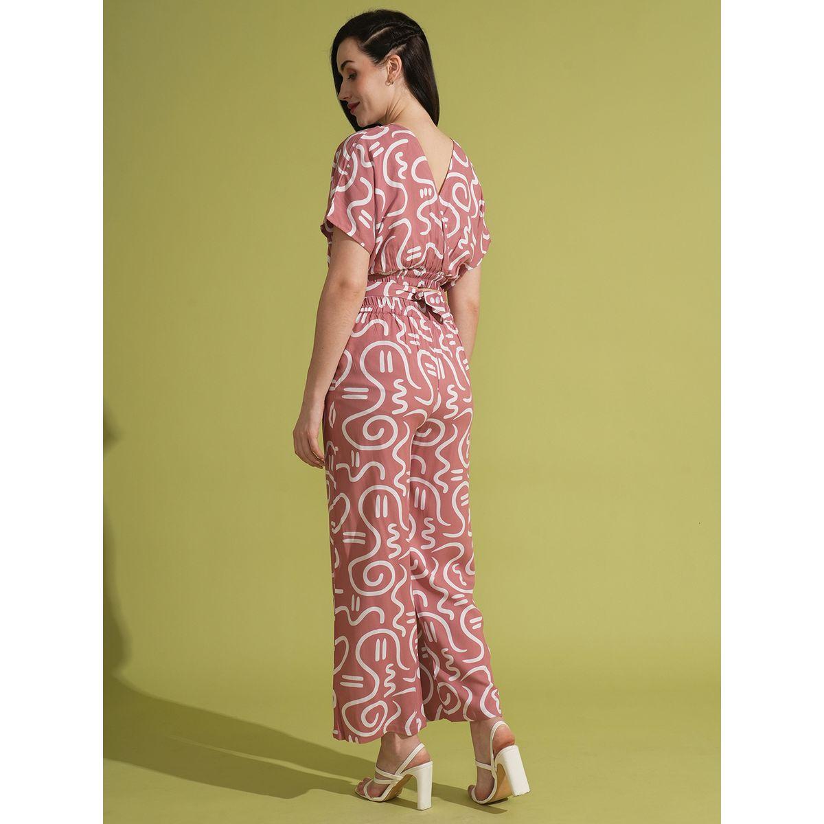 طقم منسق من بنطال وبلوزة قصيرة مطبعة بنمط لف-women-clothing-coordsets-image-3