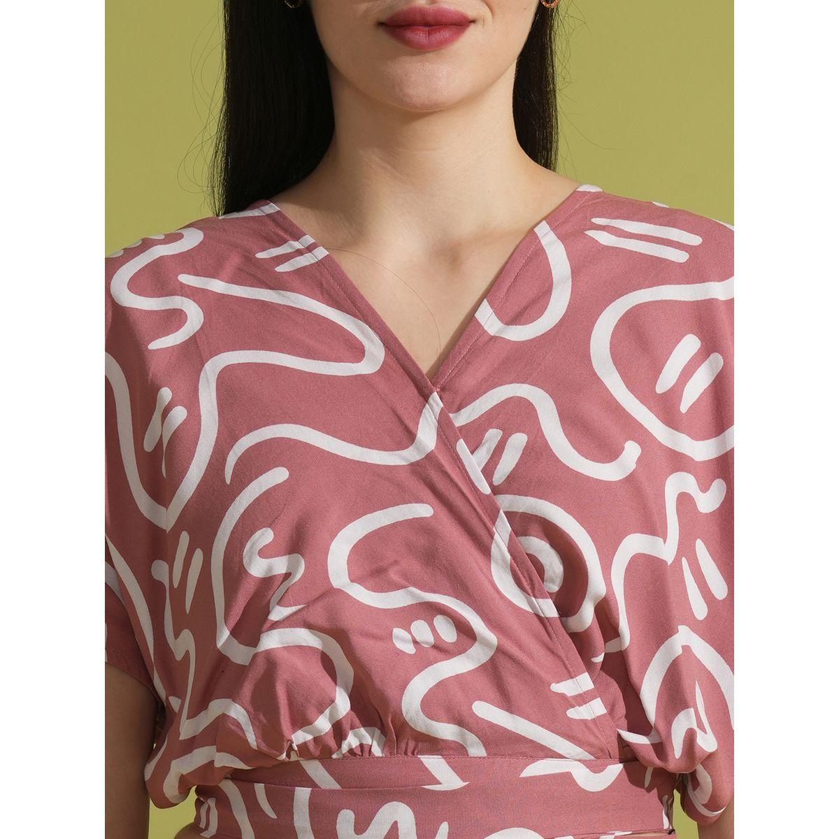 طقم منسق من بنطال وبلوزة قصيرة مطبعة بنمط لف-women-clothing-coordsets-image-4