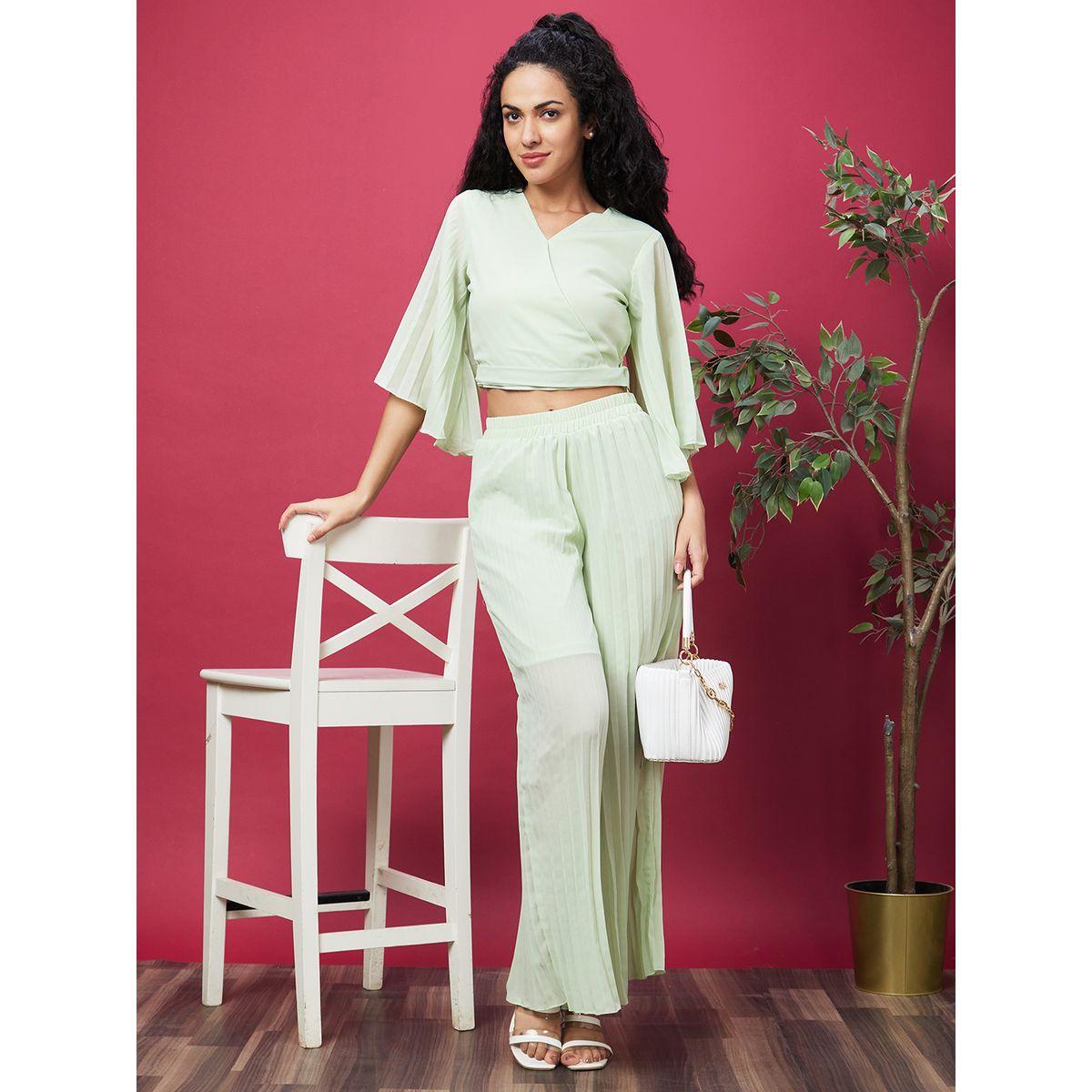 طقم منسق من بنطال وبلوزة سادة قصيرة-women-clothing-coordsets-image-1