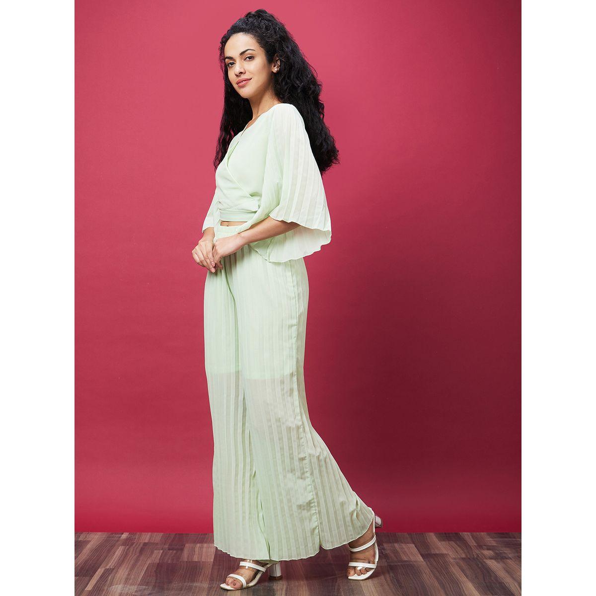 طقم منسق من بنطال وبلوزة سادة قصيرة-women-clothing-coordsets-image-2