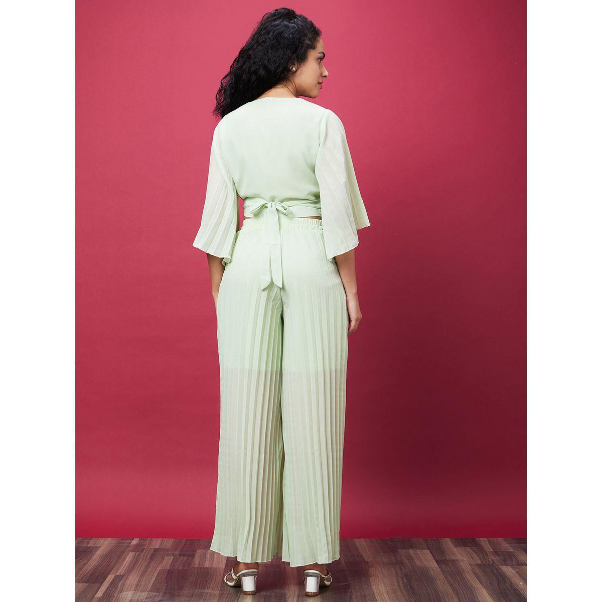 طقم منسق من بنطال وبلوزة سادة قصيرة-women-clothing-coordsets-image-3