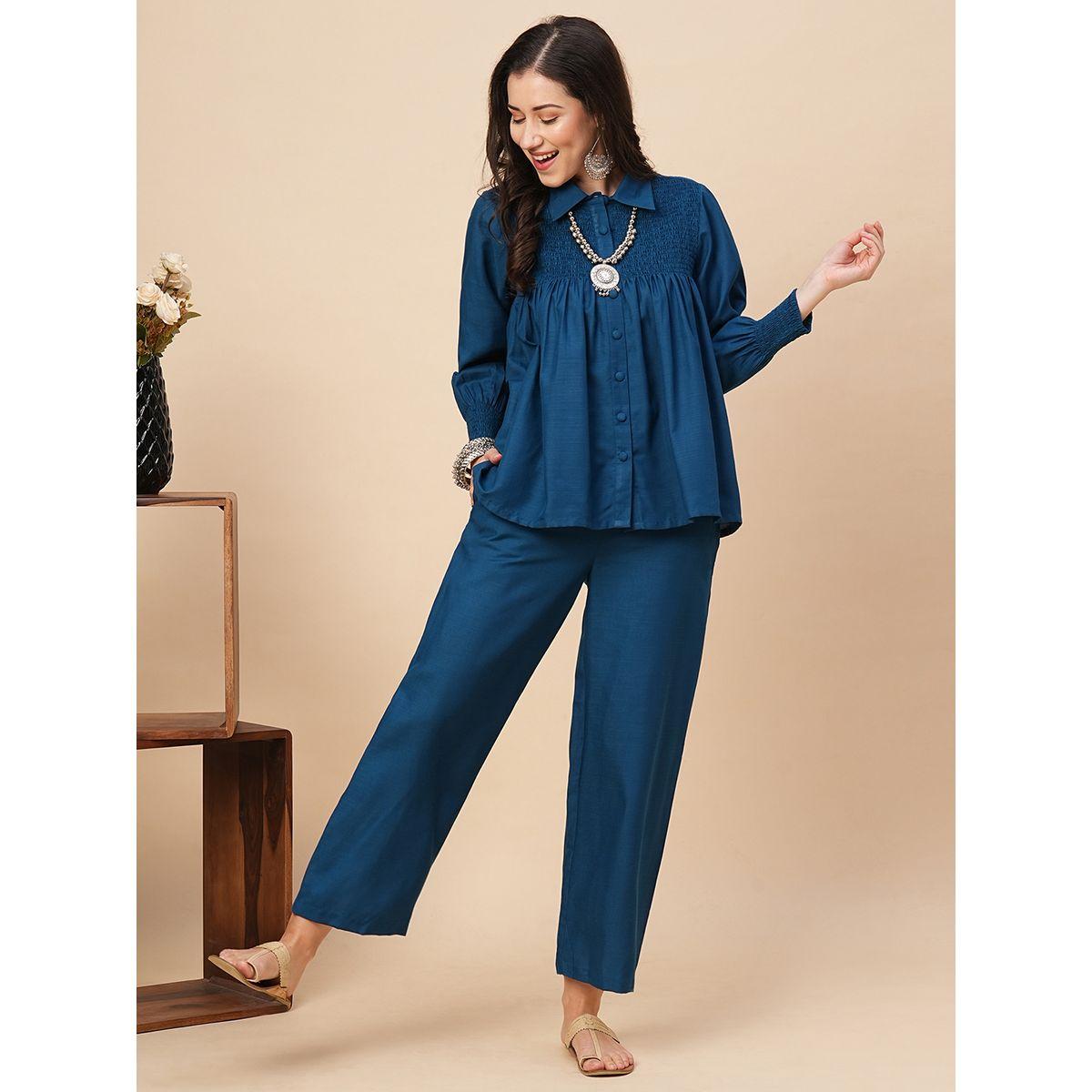 Globus X Styli Solid Smocked Detail Buttoned Shirt and Trousers Co-Ords-women-clothing-coordsets-image-1