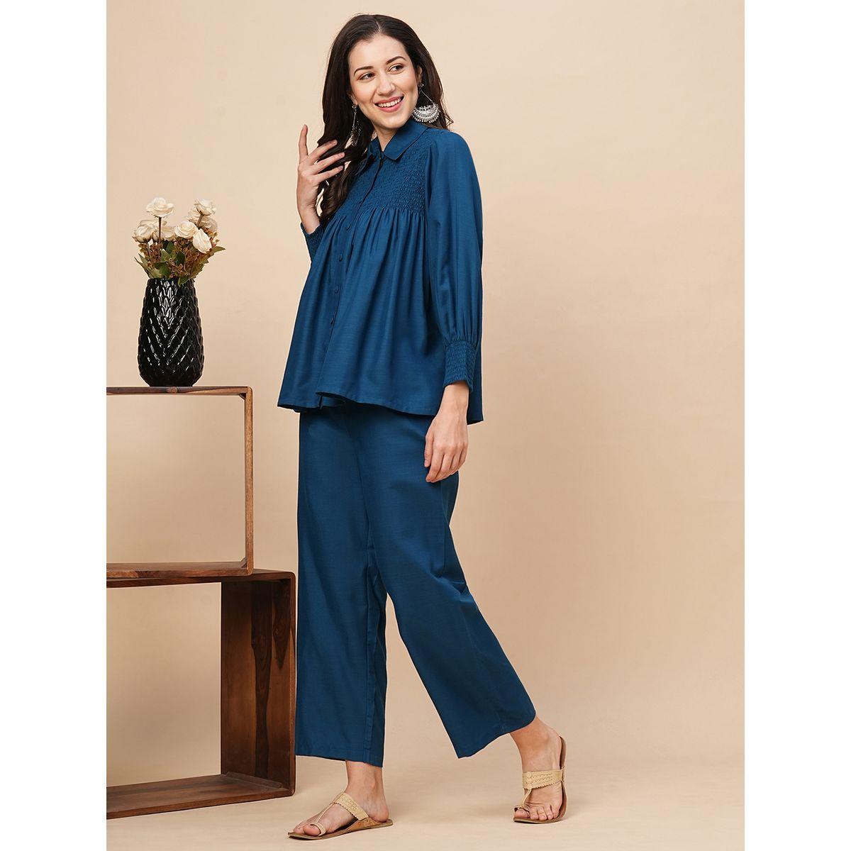 Globus X Styli Solid Smocked Detail Buttoned Shirt and Trousers Co-Ords-women-clothing-coordsets-image-2