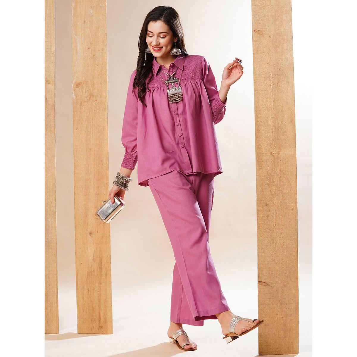 Globus X Styli Solid Smocked Detail Buttoned Shirt and Trousers Co-Ords-women-clothing-coordsets-image-1