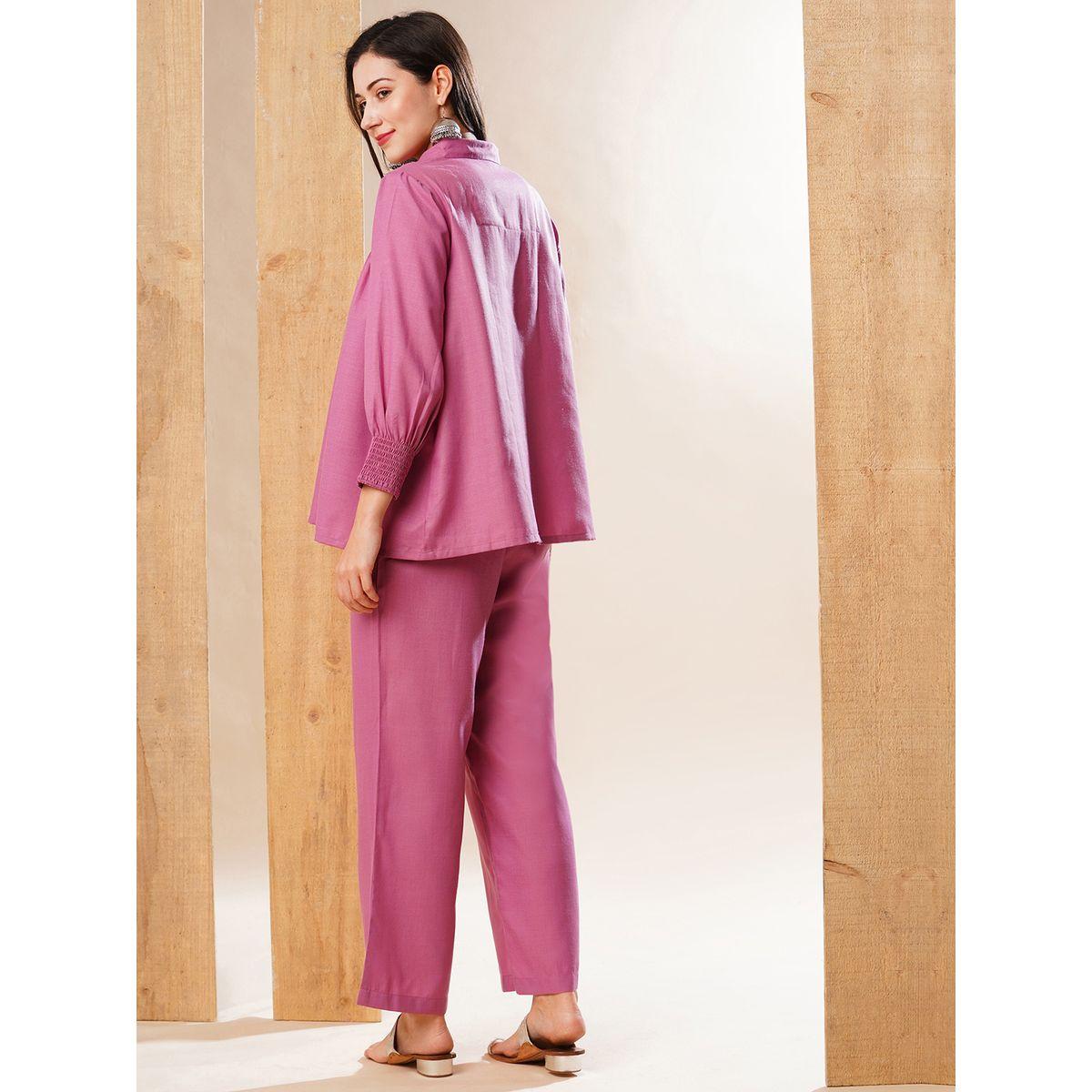 Globus X Styli Solid Smocked Detail Buttoned Shirt and Trousers Co-Ords-women-clothing-coordsets-image-3