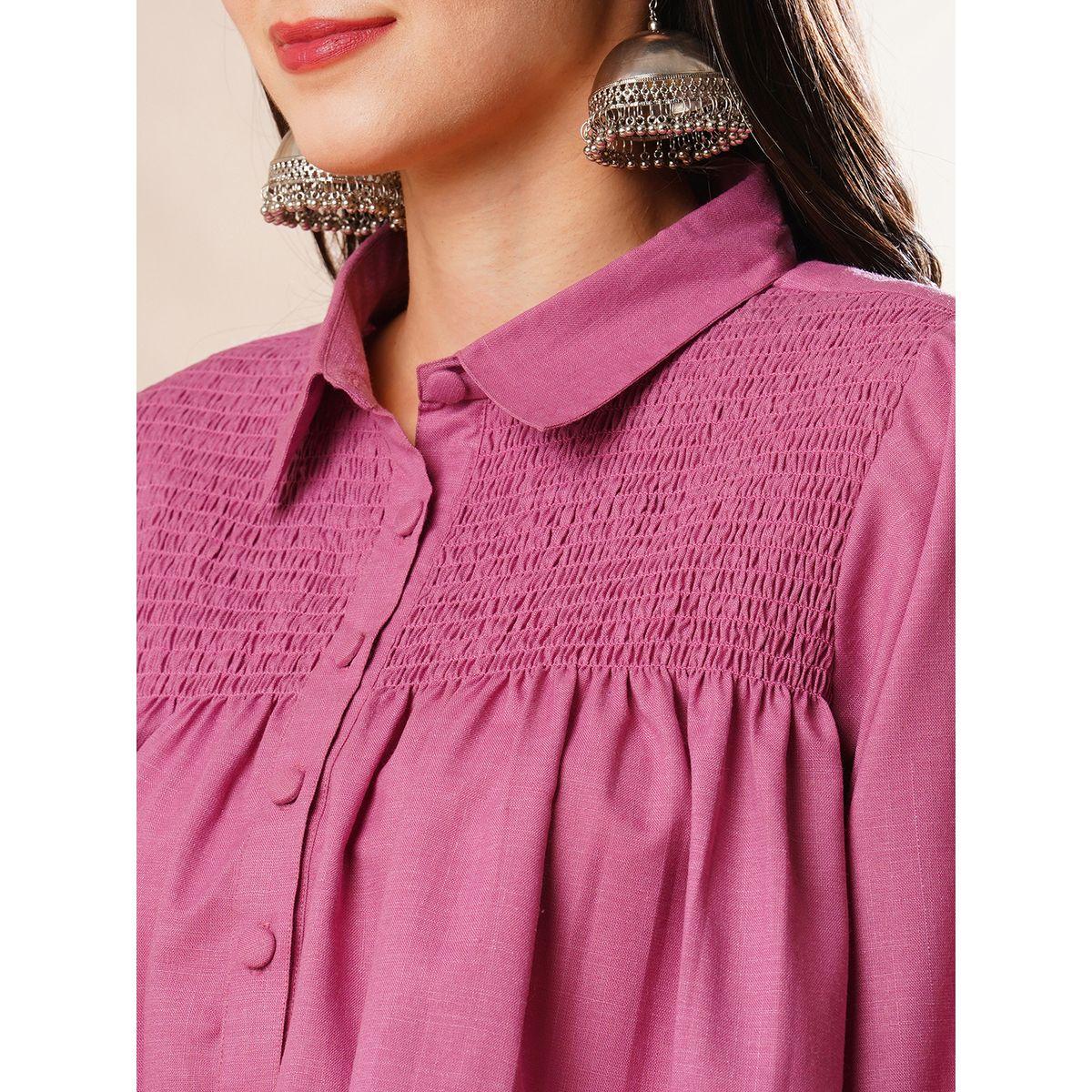 Globus X Styli Solid Smocked Detail Buttoned Shirt and Trousers Co-Ords-women-clothing-coordsets-image-4