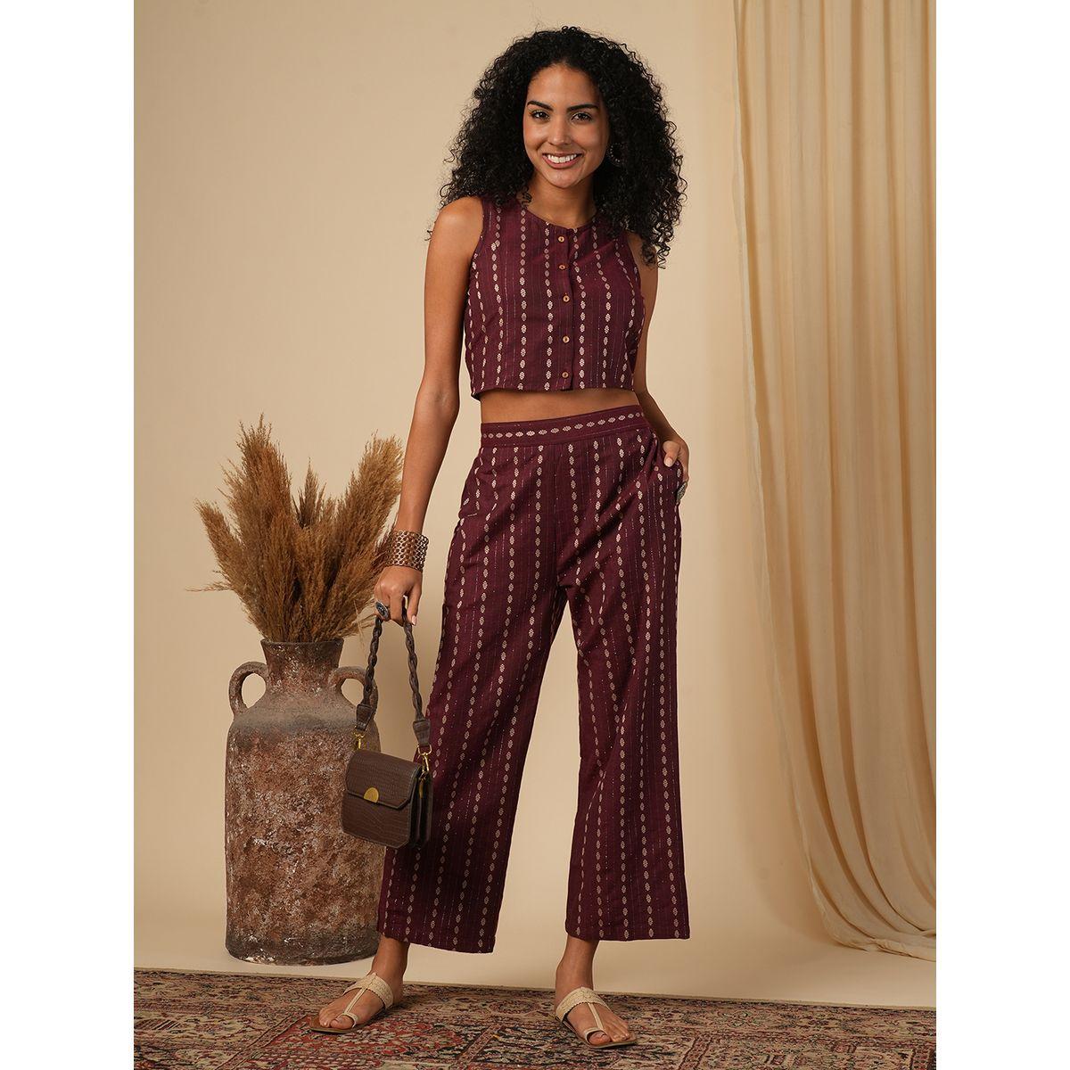 Globus X Styli Striped Button Down Crop Top with Straight Pants Co-Ords-women-clothing-coordsets-image-1