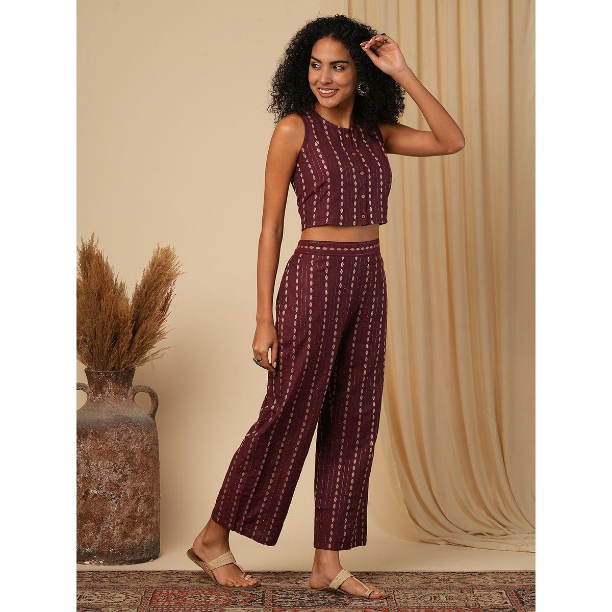 Globus X Styli Striped Button Down Crop Top with Straight Pants Co-Ords-women-clothing-coordsets-image-2