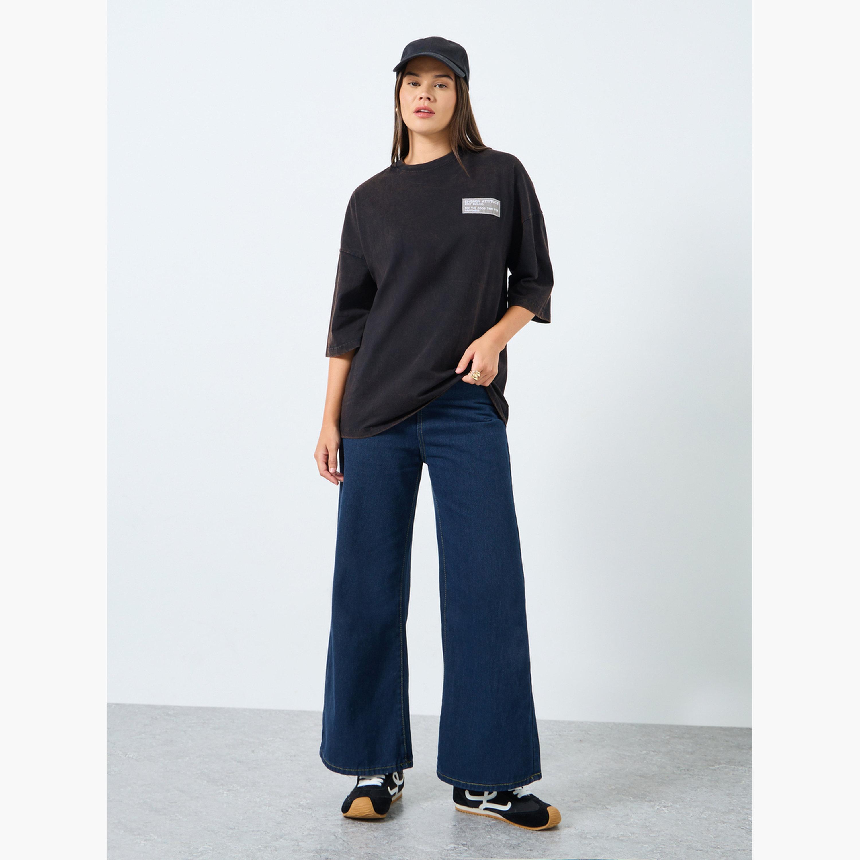 Styli Black Oversized Washed T-Shirt with Badge Detail-women-clothing-tshirts-image-2