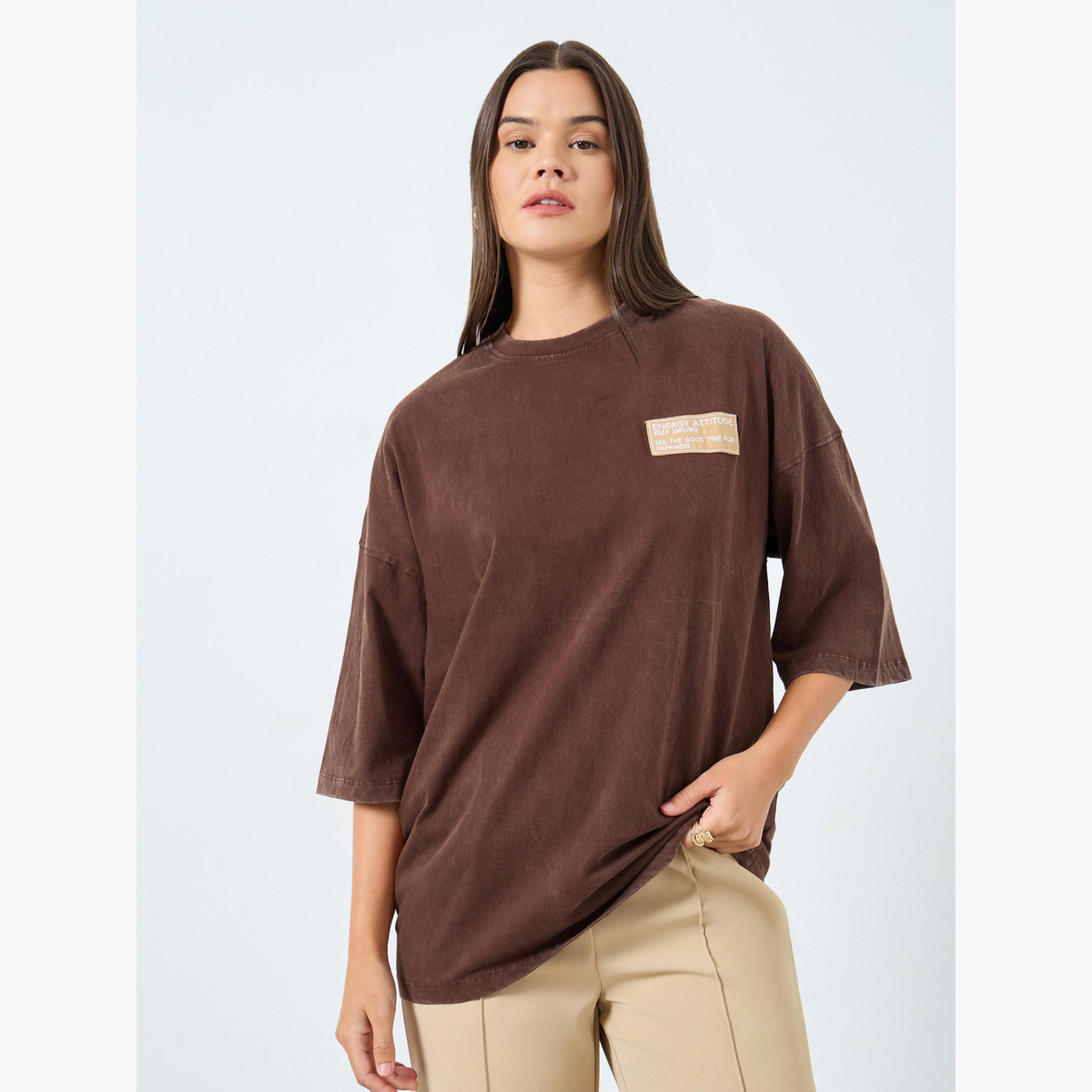 Styli Brown Oversized Washed T-Shirt with Badge Detail-women-clothing-tshirts-image-1