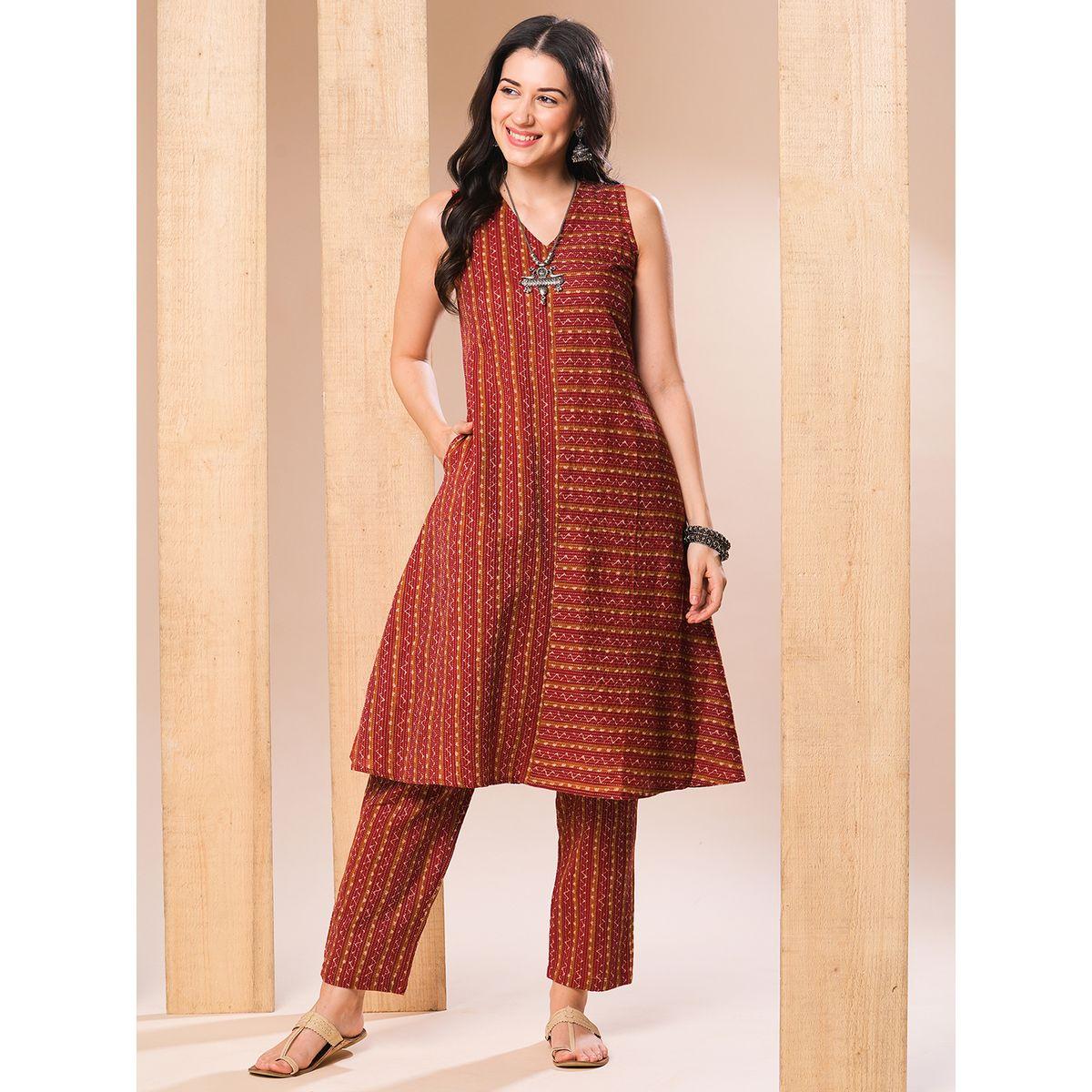 طقم منسق من كورتا مطبعة مع بنطال-women-clothing-ethnicwear-kurtasets-image-1