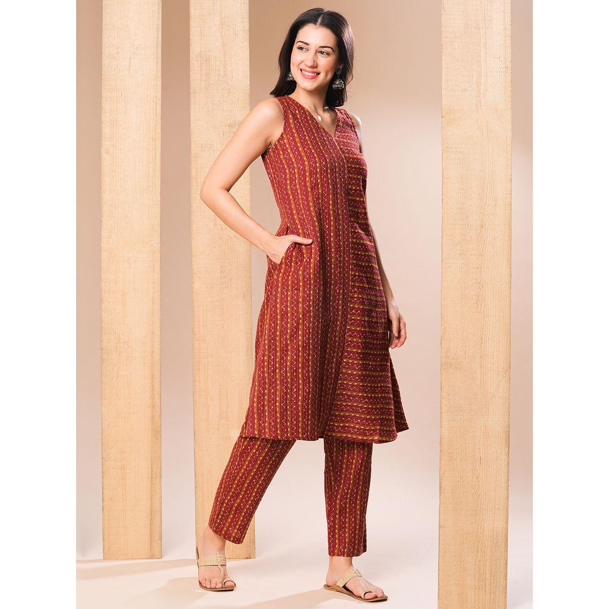 طقم منسق من كورتا مطبعة مع بنطال-women-clothing-ethnicwear-kurtasets-image-2