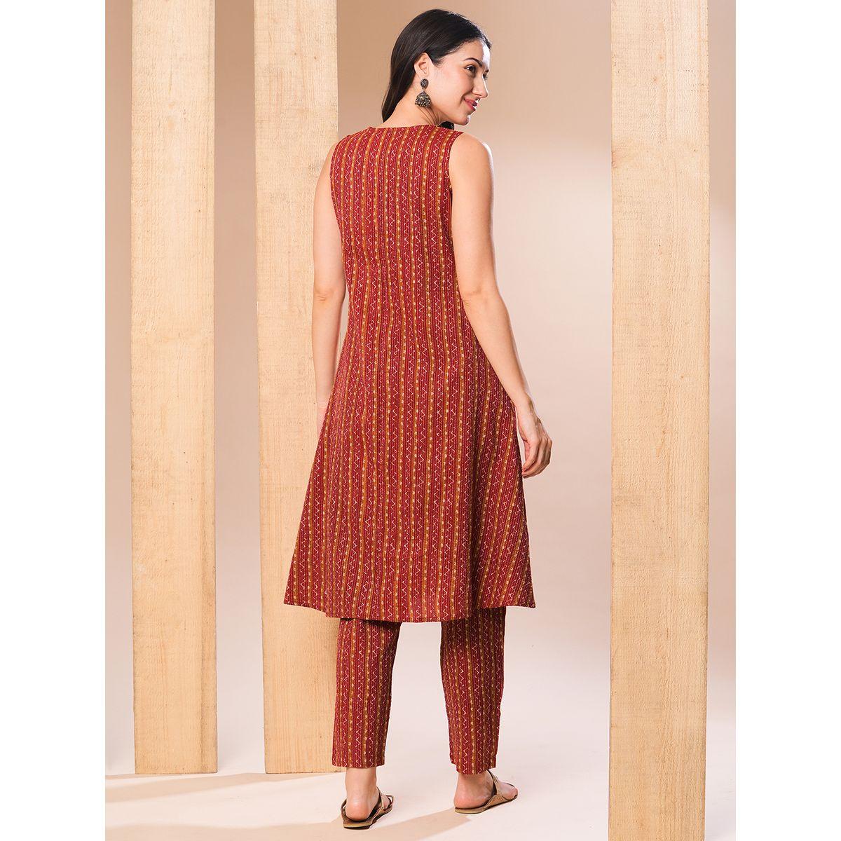 طقم منسق من كورتا مطبعة مع بنطال-women-clothing-ethnicwear-kurtasets-image-3