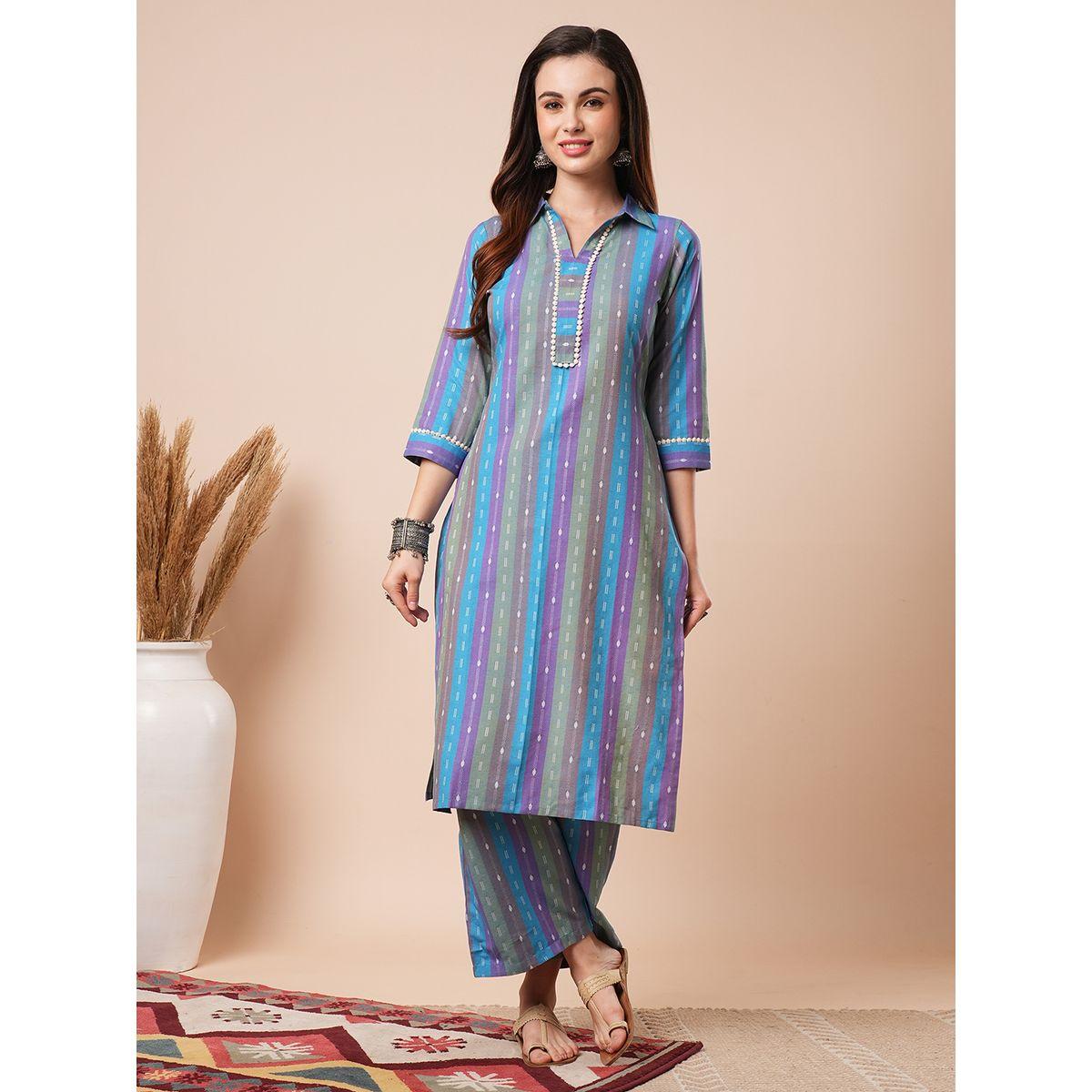 طقم منسق من كورتا مخططة مع بنطال-women-clothing-ethnicwear-kurtasets-image-1
