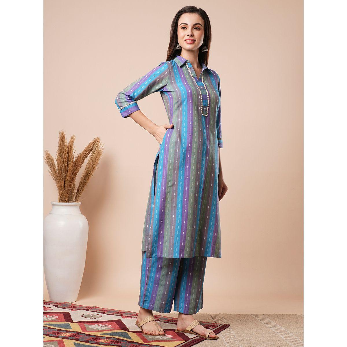 طقم منسق من كورتا مخططة مع بنطال-women-clothing-ethnicwear-kurtasets-image-2