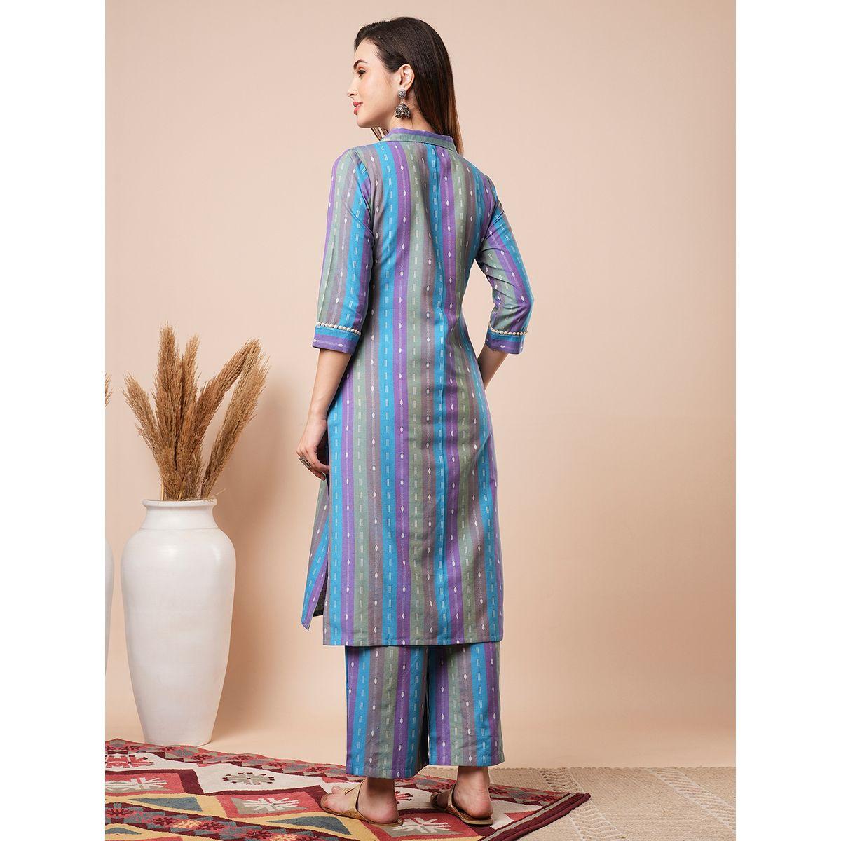 طقم منسق من كورتا مخططة مع بنطال-women-clothing-ethnicwear-kurtasets-image-3