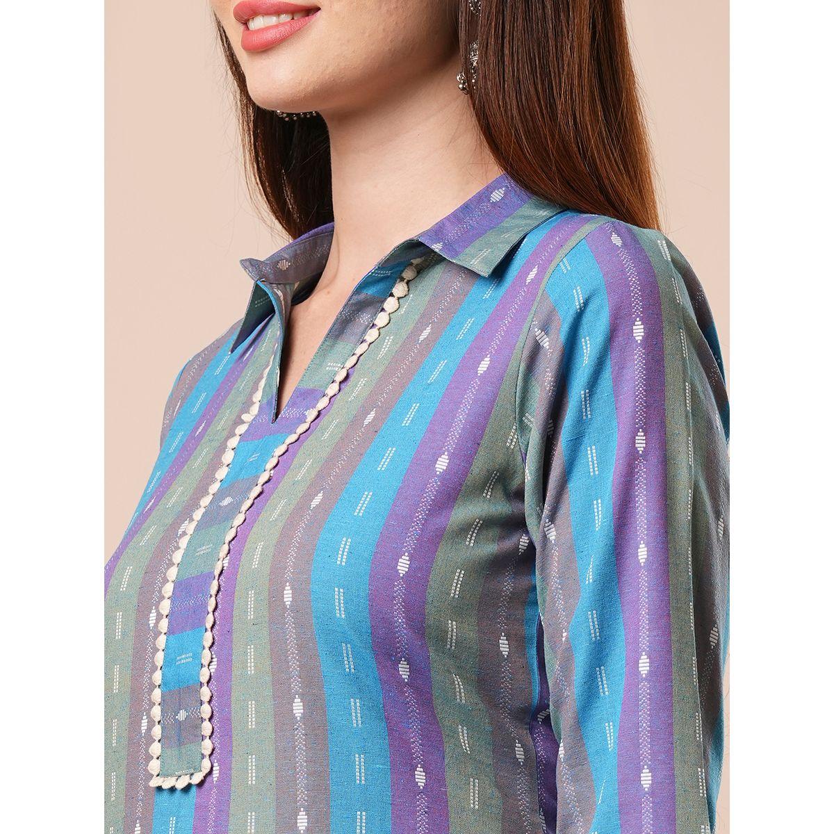 طقم منسق من كورتا مخططة مع بنطال-women-clothing-ethnicwear-kurtasets-image-4