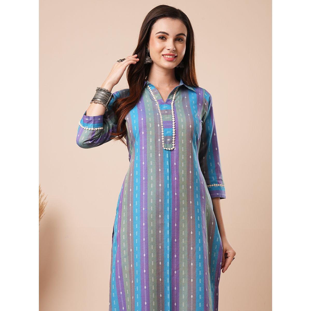 طقم منسق من كورتا مخططة مع بنطال-women-clothing-ethnicwear-kurtasets-image-6