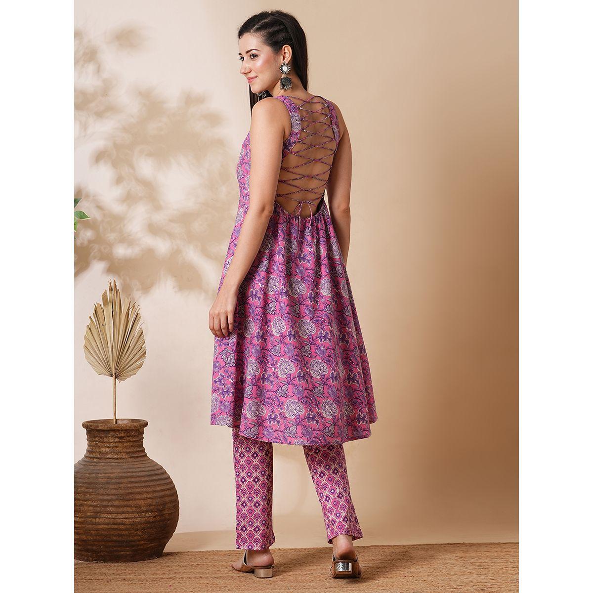 طقم منسق من كورتا بطبعة زهور مع بنطال-women-clothing-ethnicwear-kurtasets-image-3