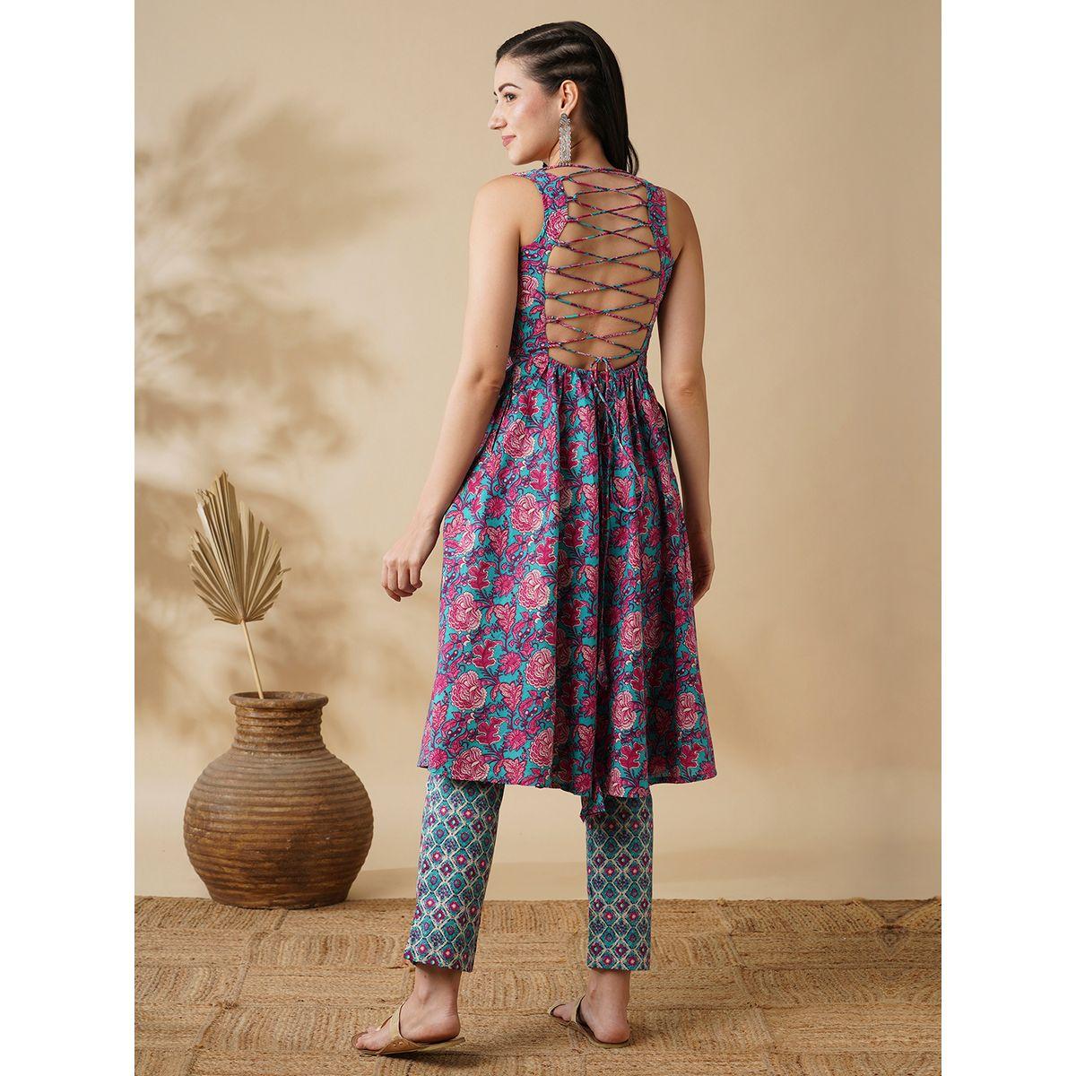 طقم منسق من كورتا بطبعة زهور مع بنطال-women-clothing-ethnicwear-kurtasets-image-3