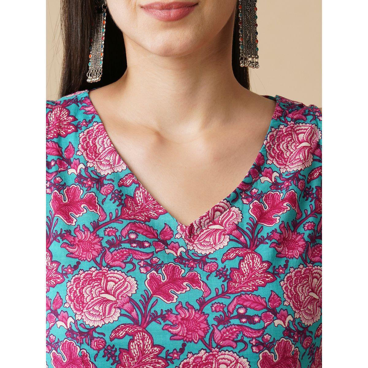 طقم منسق من كورتا بطبعة زهور مع بنطال-women-clothing-ethnicwear-kurtasets-image-4