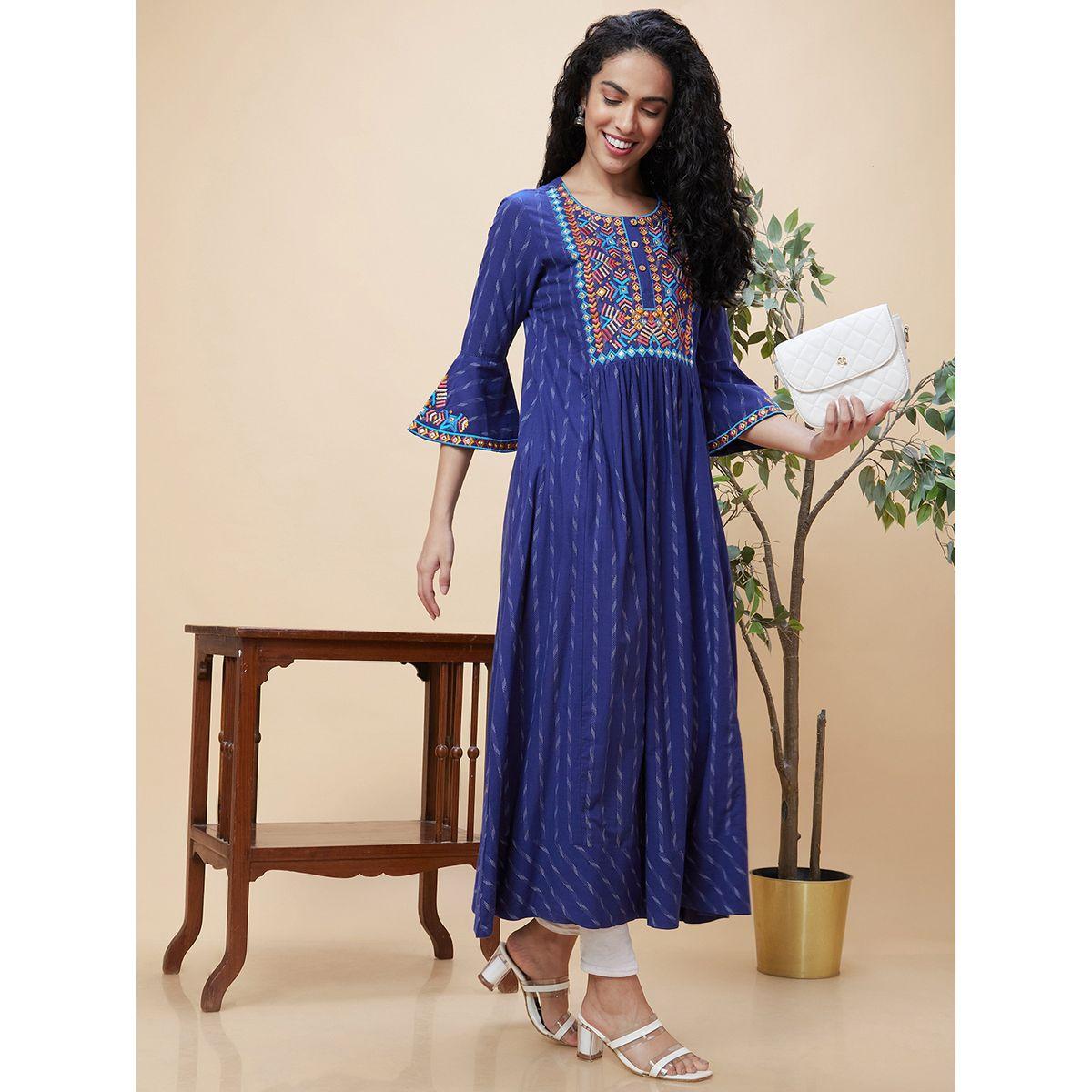 Globus X Styli Bell Sleeves Thread Work Pure Cotton A-Line Kurta-women-clothing-ethnicwear-kurtas-image-1