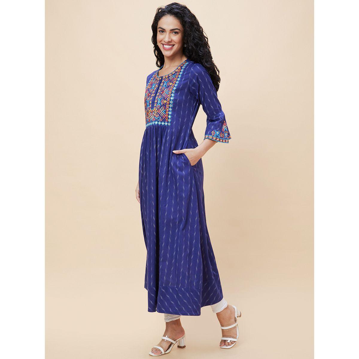 Globus X Styli Bell Sleeves Thread Work Pure Cotton A-Line Kurta-women-clothing-ethnicwear-kurtas-image-2