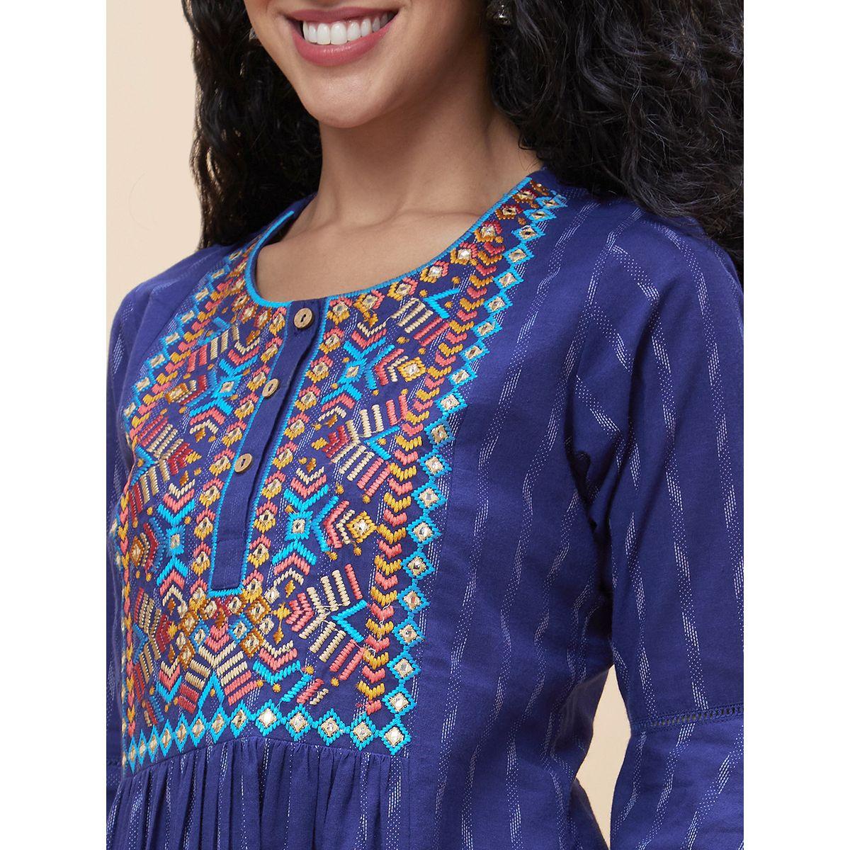 Globus X Styli Bell Sleeves Thread Work Pure Cotton A-Line Kurta-women-clothing-ethnicwear-kurtas-image-4
