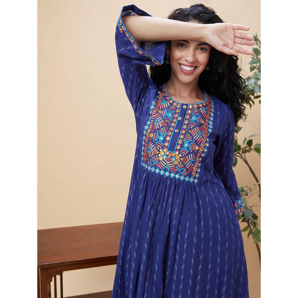 Globus X Styli Bell Sleeves Thread Work Pure Cotton A-Line Kurta-women-clothing-ethnicwear-kurtas-image-5